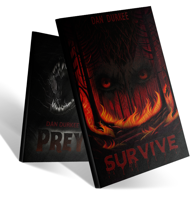 Covers of fiction books Prey and Survive